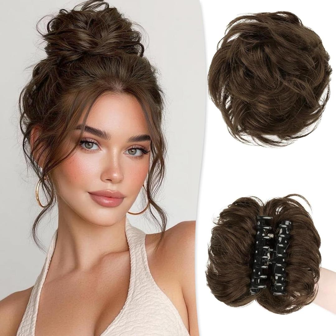RUWISS Claw Clip Messy Bun Hair Piece Real Human Hair Buns Wavy Curly Chignon Hair Bun Extensions Tousled Updo Hair Buns Claw Clip Ponytail Hairpieces, Medium Brown (Warm/Reddish Tone)