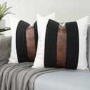 JASEN Set of 2 Faux Leather and Linen Throw Pillow Covers 20x20 Inch Black and White Modern Farmhouse Accent Pillow Covers for Couch Sofa, White, 20" x 20" (Pack of 2)