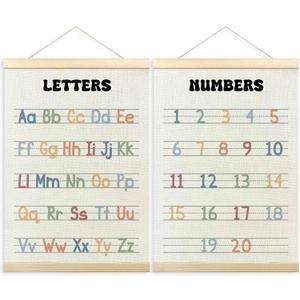TLESKE Alphabet ABC Numbers Chart Poster Hanger Frame for Toddler Kid Classroom Set of 2, Homeschool Hanging Wall Art Decor for Nursery Playroom, Preschool Prek Learning Educational Poster, 12x16