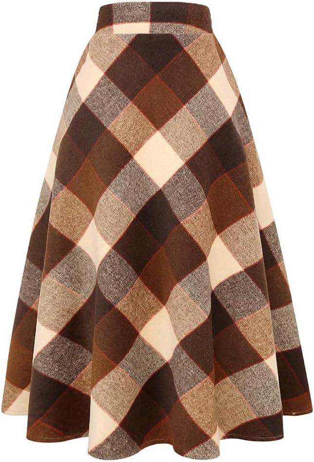 Long Plaid Wool Skirt for Womens Winter Fall Warm High Elastic Waist A line Flared Pleated Wool Tartan Skirts (Big Plaid Coffee) XX