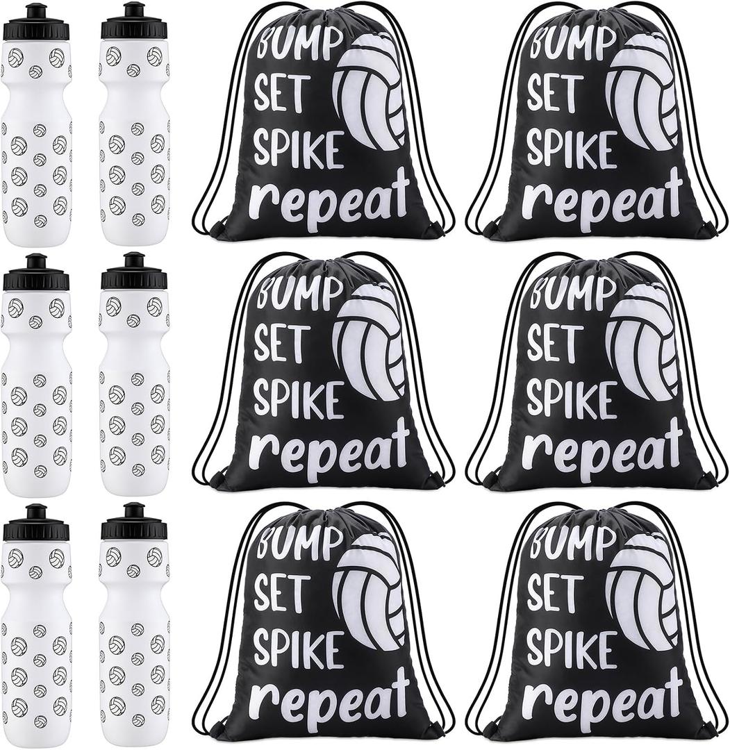 Talltalk 12 Pcs Volleyball Water Bottle and Drawstring Bag Set Volleyball Party Favor 24 oz Sports Squeeze Bottles with Drawstring Bags for Team Gifts Goodie Gift Bag Birthday Decorations