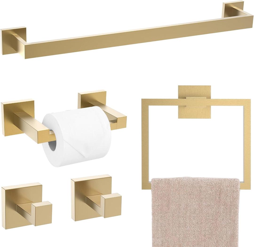 TQKAG Brushed Gold Bathroom Hardware Accessories Set 5 Pieces, Double Post Pivoting Toilet Paper Holder Set Stainless Steel Square Bathroom Towel Bar Holder Set Wall Mounted Brushed Dark Gold, 5-Pieces Set