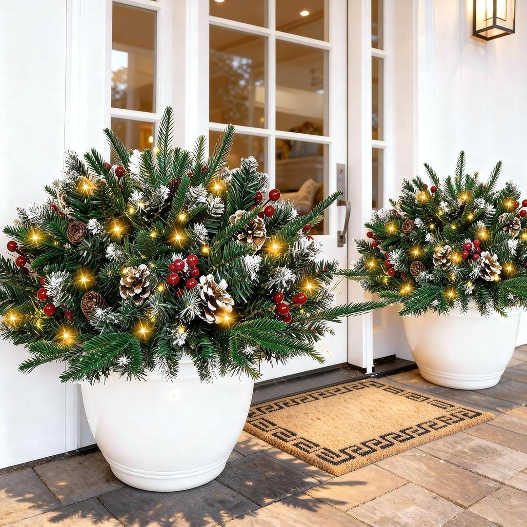 Prelit Christmas Urn Filler, 2 Pack Battery Operated Aritificial Outdoor Christmas Tree Urn Filler with Lights, Decorated Holiday Planters Xmas Pot Filler for Front Porch