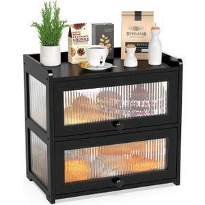 BAMBANG Extra Large Bamboo Bread Box for Kitchen Counter, Double Layer Bread Storage Container Farmhouse Bread Box with 4 Sides Transparency, Breadbox Bin Holder for Homemade Bread, Black (Black-Flip Doors)