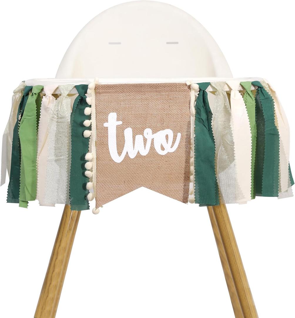 Two Wild Highchair Banner - Safari Jungle 2nd Birthday Party Decorations, Woodland 2nd Birthday Bunting, Green Brown Forest Highchair Banner, Nature Theme Party Decorations Supplies (Green)