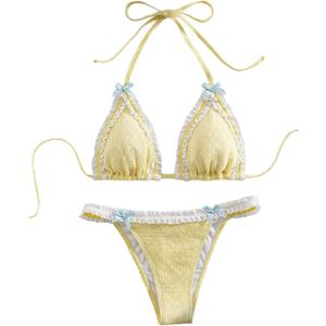 Milumia Women's Lace Trim Bow Tie Bikini Set Triangle Halter Cheeky 2 Piece Swimsuit (Yellow), Large
