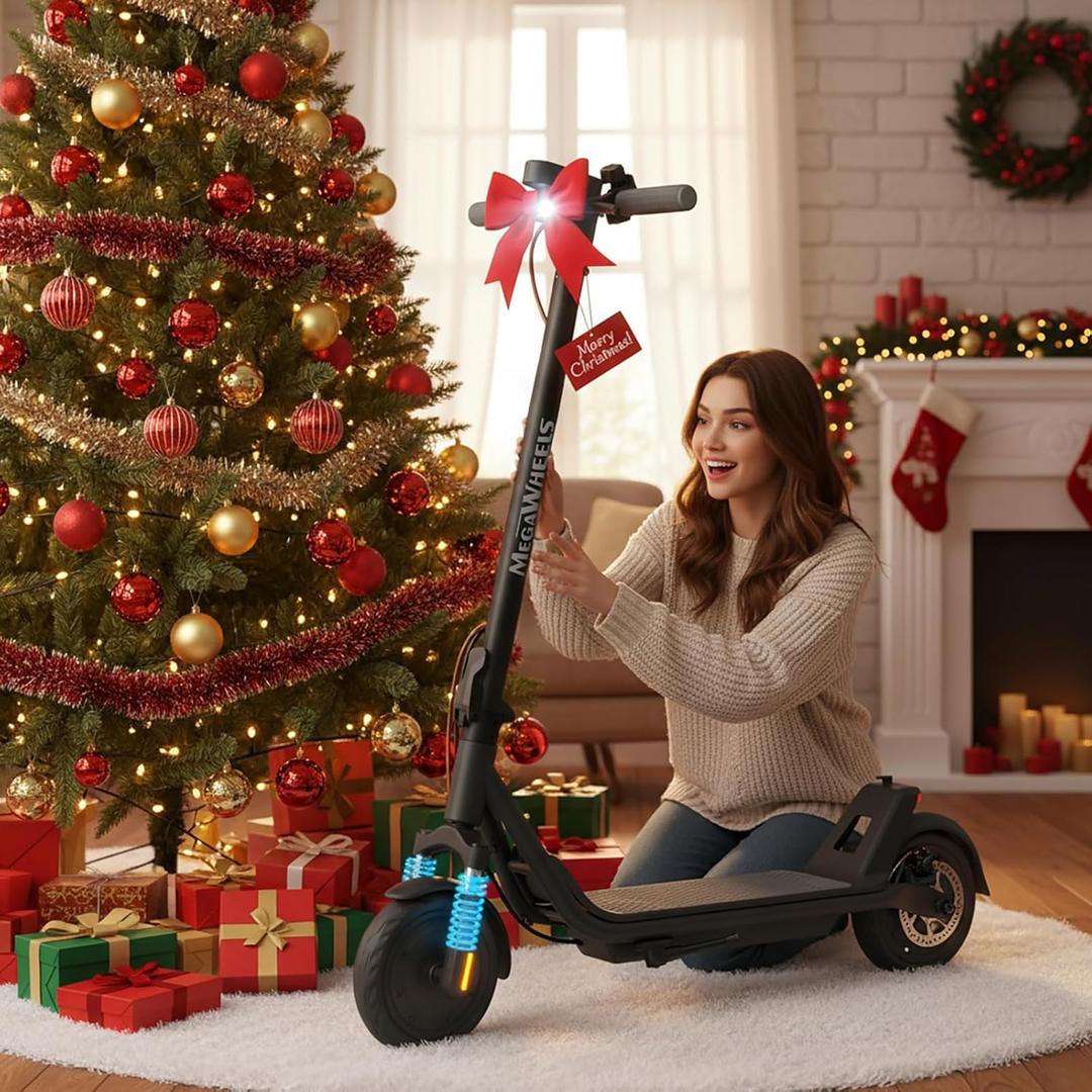 MEGAWHEELS Electric Scooter,Electric Scooter Adults with Front Suspension,8.5in Solid Tires,300W Motor,15.5mph E Scooter with Smart APP Control for Commuting, Outdoor, Short Travel,Gift