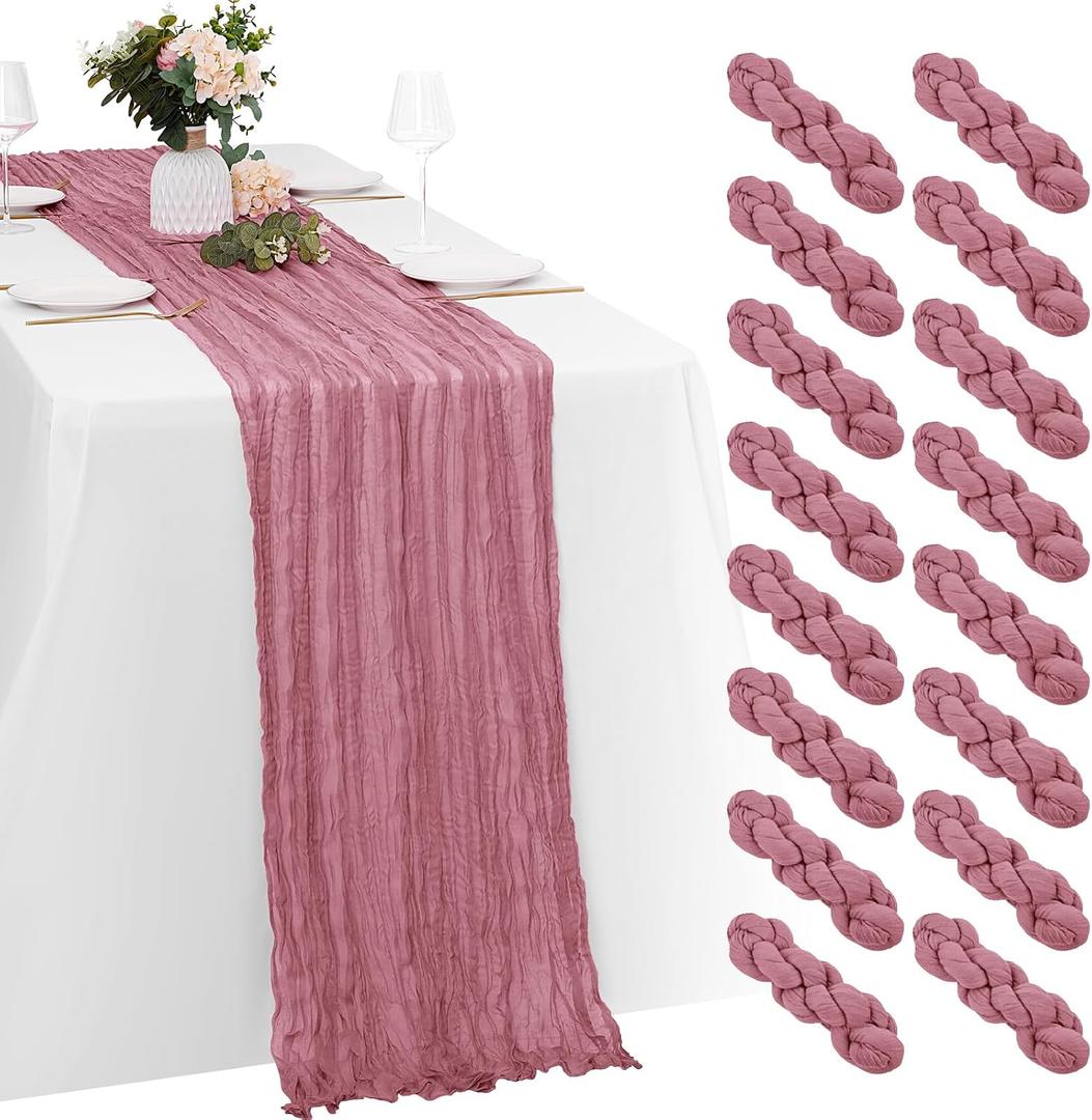 16 Pack Dusty Rose Cheesecloth Table Runners 20x120 Inch Gauze Table Runner 10FT Easter Cheese Cloth Table Runner Rustic Sheer Runner for Wedding Baby Shower Birthday Party Table Decor