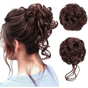 Krfapt 2PCS Messy Bun Piece for Women - Fake Hair Scrunchie & Bun Extensions, No-Slip Elastic Ties for Instant Updo, Wavy Curly Scrunchies for Thin/ Thick Hair (2pcs-Dark Brown)
