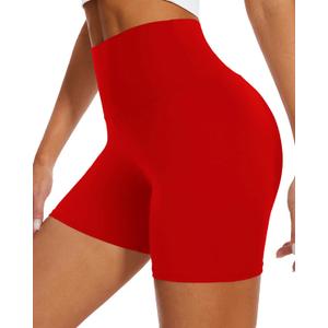 DHSO High Waisted Biker Shorts for Women-5" Tummy Control Fitness Athletic Workout Running Yoga Gym Shorts (Large-X-Large, 02 Red)