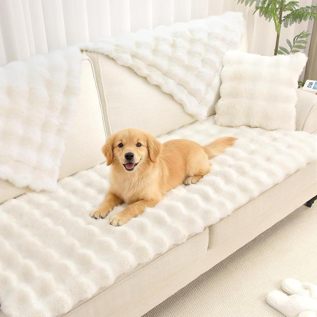 Pet Couch Cover Sofa Washable - Dog Couch Protector Covers Non-Slip Soft Fuzzy Plush Sofa Slipcovers, Pet Friendly Dog Mat for Furniture Couches, Car, Recliner, White, 27.6"x27.6"