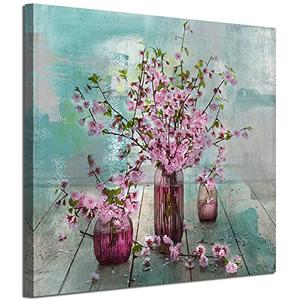 Acocifi Pink Flower Canvas Wall Art Florals Abstract Picture Teal Turquoise Watercolor Peach Bloosom Painting Artwork Framed for Bathroom Living Room Bedroom Kitchen Nursery Home Office Decor 14"x14"