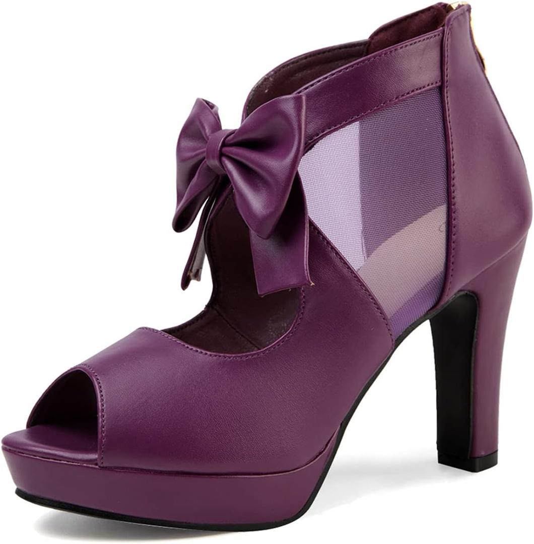 GATUXUS Open Toe Women Platform High Heel Shoes Bows Strappy Sandals (10, Purple)