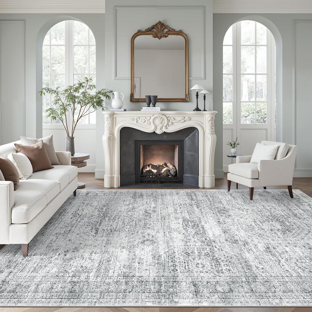 Soalmost 9x12 Area Rugs for Living Room, Non Slip Machine Washable Vintage Rugs, Low Pile Lightweight Large Rug for Bedroom, Dining Room, Home Office Grey