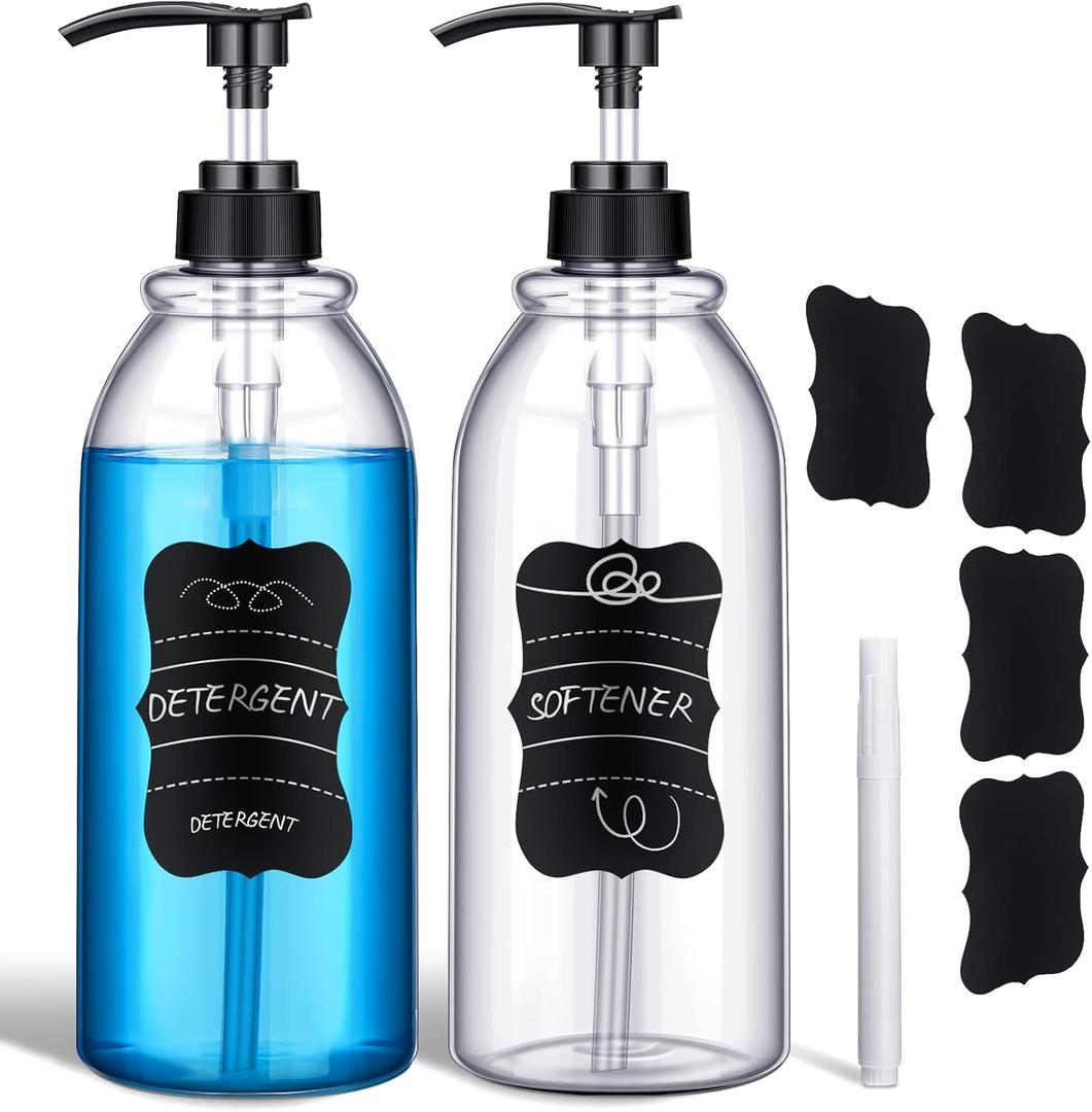 2 Pack 34 oz Clear Plastic Pump Bottles Dispenser Lotion Liquid Hand Empty Shampoo and Conditioner Dispenser Bathroom Kitchen Refillable Shampoo Container with Label Pen