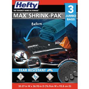 Hefty MAX Shrink-Pak Vacuum Storage Bags  Max Strength Tear-Proof Bags For Clothes, Pillows, Towels, Blankets & More  Space Saver Suction Sealer for Home  3 Jumbo, 30 x 36 Inches