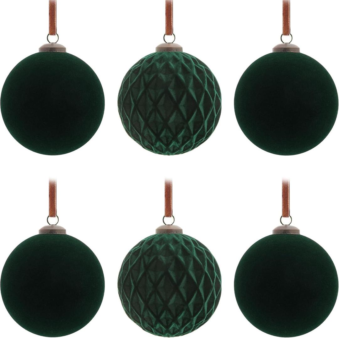 6Pcs Large Velvet Christmas Ball Ornaments 4" Dark Green Flocked Ornaments Set for Christmas Tree with 10Pcs Velvet Bows Shatterproof Xmas Hanging Decorations for Home Office Holiday Dcor