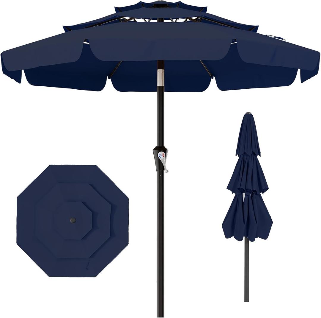 AreShark 9FT 3-Tiers Patio Umbrella with Valance, Outdoor Umbrellas with Crank/Tilt, Table Market Umbrella Vented w/ 8 Sturdy Ribs for Garden, Deck, Backyard, and Pool, Navy