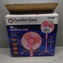 Comfort Zone 16-Inch Oscillating Pedestal Fan 3-Speed High-Velocity Cooling, Adjustable Height & Tilt, Quad-Pod Folding Base, Pink ETL Listed