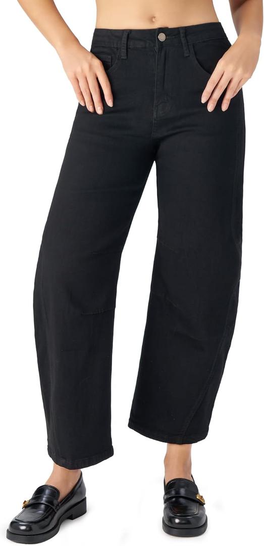 roswear Women's High Waisted Stretchy Wide Leg Cropped Barrel Jeans (X-Large, Black)