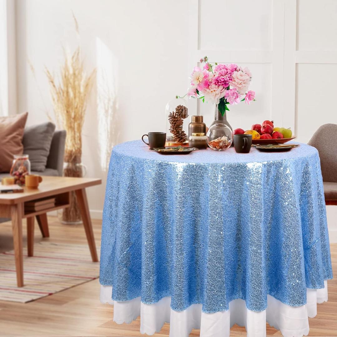 DUOBAO Round 50 Inch Sequin Tablecloth Baby Blue - Sparkly Table Cover for Weddings, Birthdays, Events, and Holidays - Glittery Tablecloth for Dining Tables, Banquets, and Party Decor
