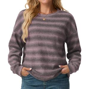 IWOLLENCE Womens Striped Long Sleeve Tops Crewneck Lightweight Waffle Knit Going Out Preppy Shirts Seniors Casual Loose Fall Sweaters Blouse 2025 Purple Grey, M (Purple, M)