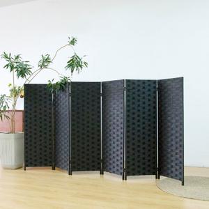 Furnnylane 6 Panel Double Sided Short Room Divider for Room Separation, Natural Black Rattan Folding Privacy Screen, Freestanding Partition Screen for Home Office - 3.95 ft Tall