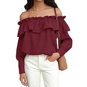 Prettywear Women's Sexy Off Shoulder Tops Long Sleeve Ruffle Blouse Flowy Going Out Shirt Oversized (Burgundy, XL)