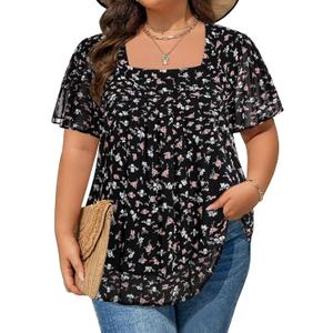 Amrto Plus Size Tops for Women Chiffon Blouses Square Neck Short Sleeve Fall Summer Business Casual Trendy (Black, XXL)