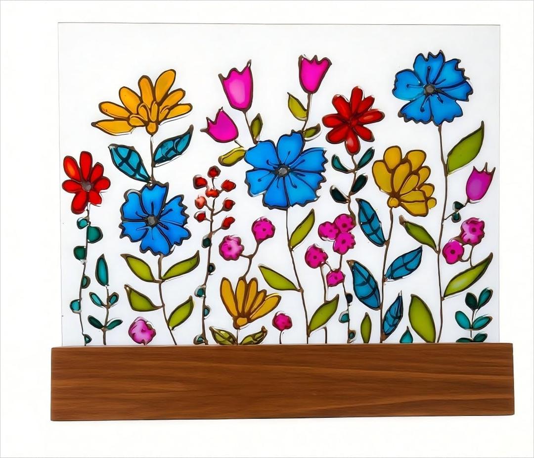 Wildflower Sun Catcher with Wooden Platform Stained Glass Suncatcher Wildflowers Gifts for Women Hand Painted Windowsill Decoration Housewarming Birthday Gift for Women Mother Mom Grandma Friends