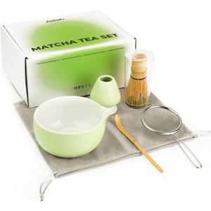 Matcha Kit Set, Ceramic Matcha Bowl with Spout & Holder, Bamboo Whisk, Sifter, Scoop, Traditional Japanese Matcha Tea Making Tools, Complete Gift Set 5-PC (Light Green)