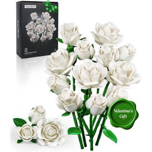 IATOM White Rose Bouquet Building Set, 12Pcs Wedding Flower Botanical Collection for Adult, Valentine's Day Gift for Her/Girlfriend/Mom/Wife/Couple, Boho Modern Home Office Table Centerpiece Decor