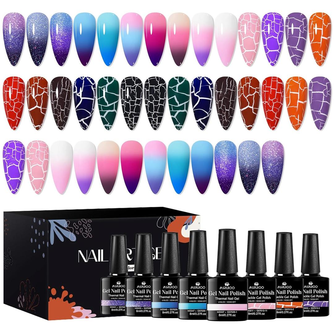 Gel Polish Set Color Changing Gel Nail Polish 10 Colors + 10 Colors Crackle Gel Nail Polish Set Soak Off Uv Led Gel DIY Home Salon Nail Art Gift 20pcs*8ml