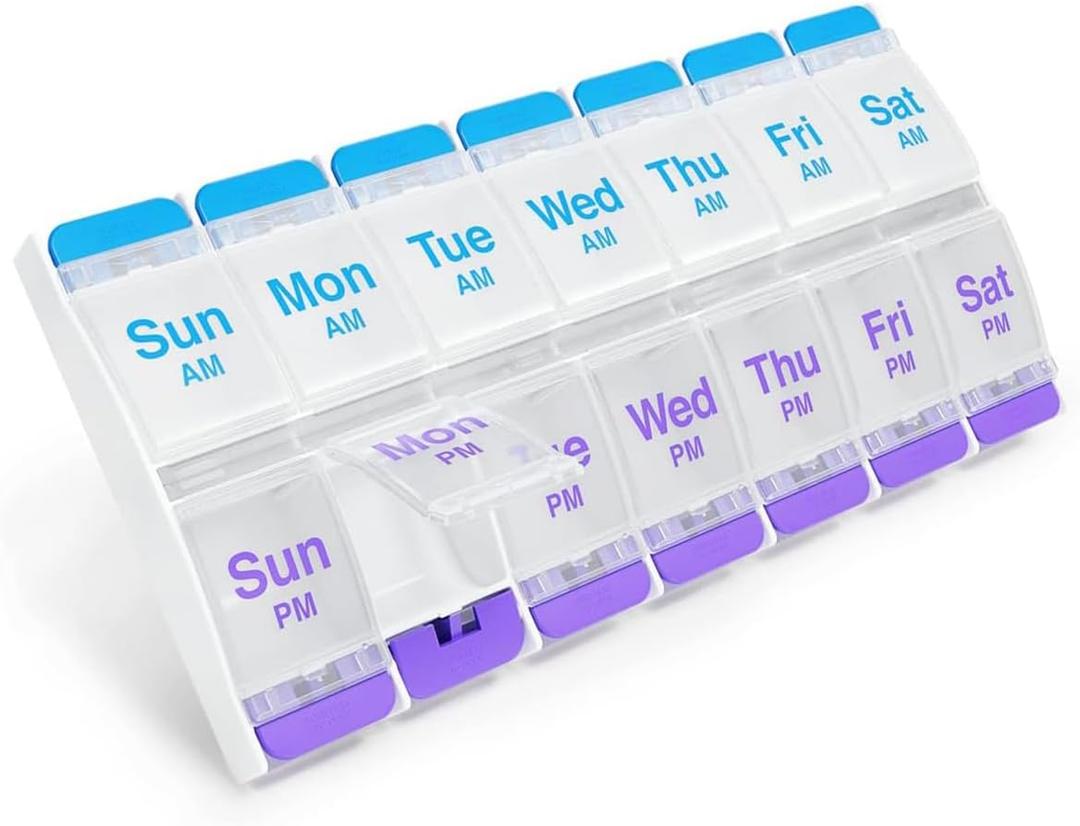 EZY DOSE Push Button (7-Day) Pill Case, Medicine Planner, Daily Vitamin Organizer, 2 Times a Day AM/PM, X-Large Compartments, Arthritis Friendly, Easy to use, Clear Lids, Purple and Blue, BPA Free