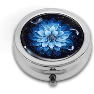 Pill Box,Blue Flower Round Pill Box 3 Compartment Decorative Pocket Purse Portable Mini Travel Medicine Tablet Vitamin Holder Organizer Pill Case