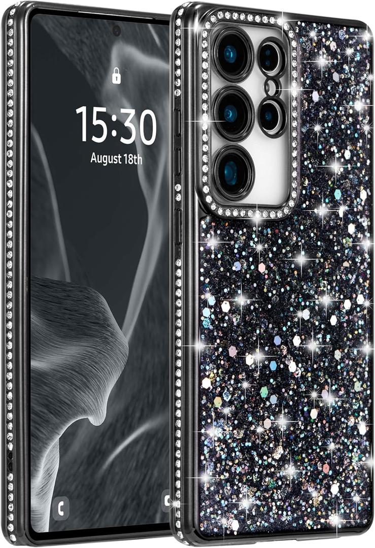 FABSPARK Case for Samsung Galaxy S25 Plus,Glitter Crystal Diamond Rhinestone Sequin Shiny Bling Sparkly Glossy Luxury Electroplated,Aesthetic Cute Full Protection for Samsung Galaxy S25 Plus,Black