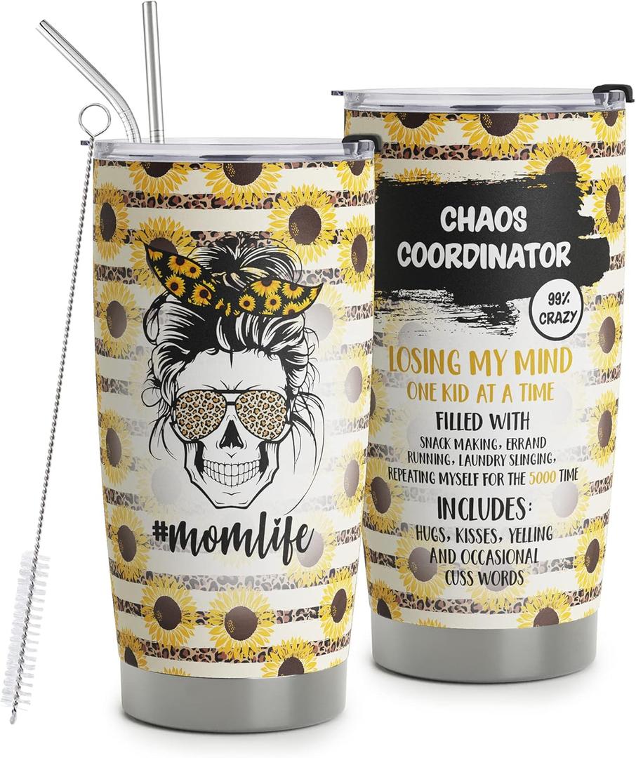 Chaos Coordinator Mom Life Tumbler - Stainless Steel 20oz Leopard Sunflower Travel Mug - Birthday Gift For Mom