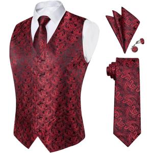 DiBanGu Mens Paisley Suit Waistcoat Silk Dress Vest and Necktie Pocket Square Cufflinks for Wedding Party, XX-Large