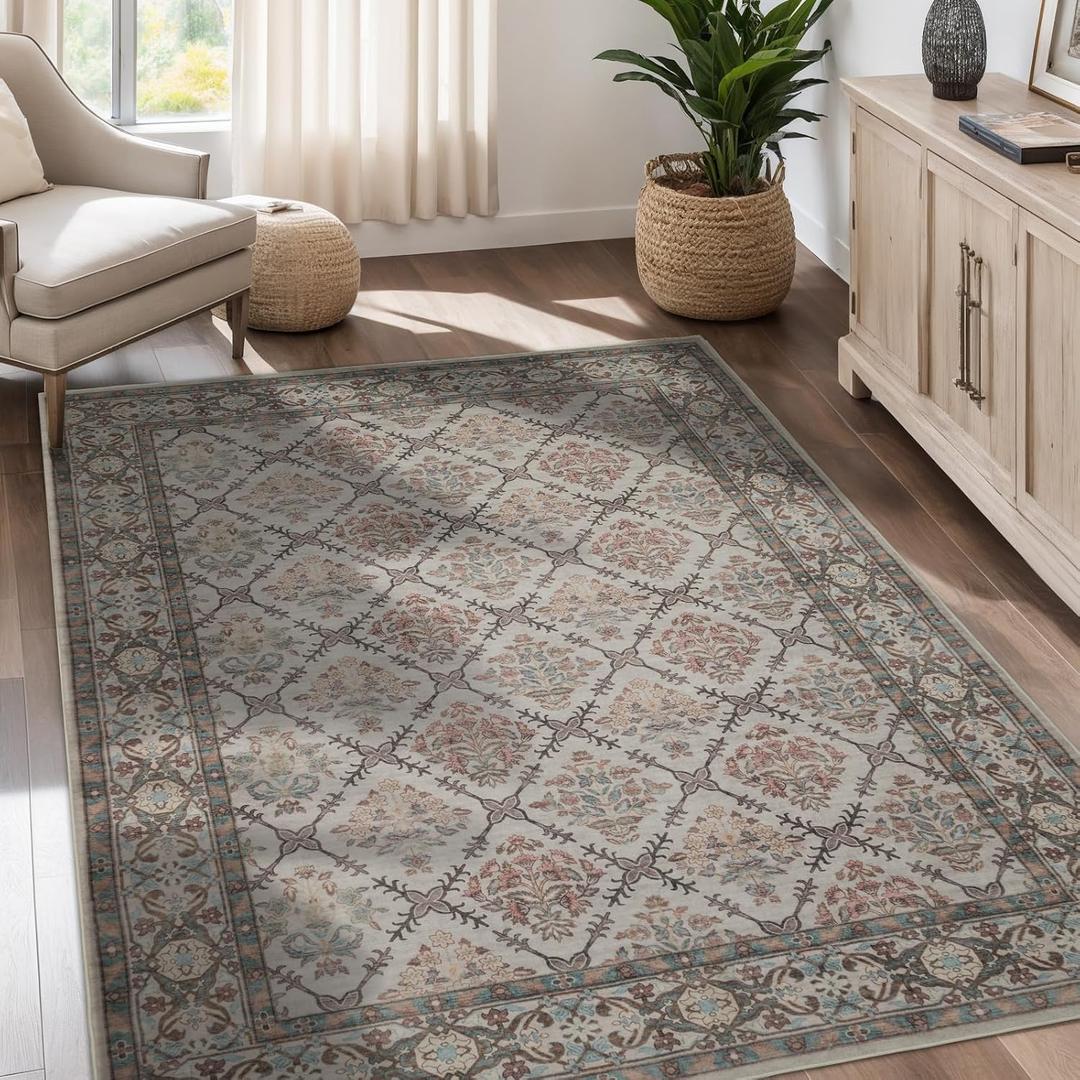 Vintage Washable Area Rug for Living Room,Low Pile 5x7 Non Slip Carpet Non-Shedding Area Rug Soft Indoor Stain Resistant Rug Floral Print Mat for Bedroom Dining Room 088-Almond