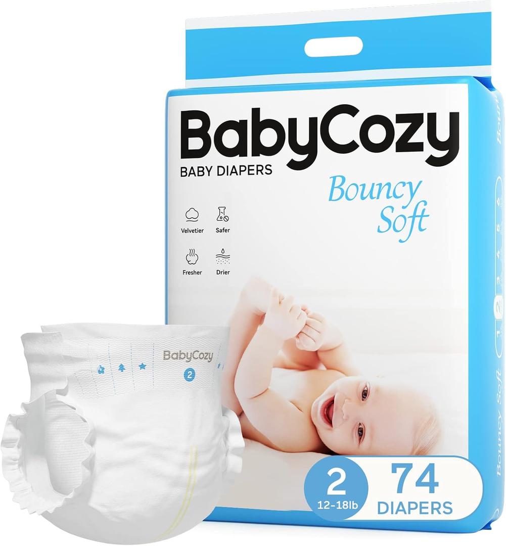 Newborn Baby Diapers Size 2(12-18lb) 74 Count Babycozy Bouncy Soft Diapers Hypoallergenic, Dry Disposable Diapers with Softer Touch 0.8D Diaper &10 Micron Velvet Fiber to Protect Sensitive Infant Skin