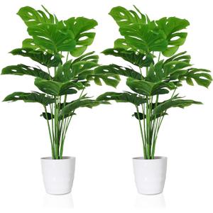 SAJANDAS Set of 2 Artificial Monstera Deliciosa Plants in Pots, Fake Tropical Palm Tree with Greenery Leaves Stems, 28 Inch Artificial Cheese Plant for Home Bathroom, Office, Windowsill Decor