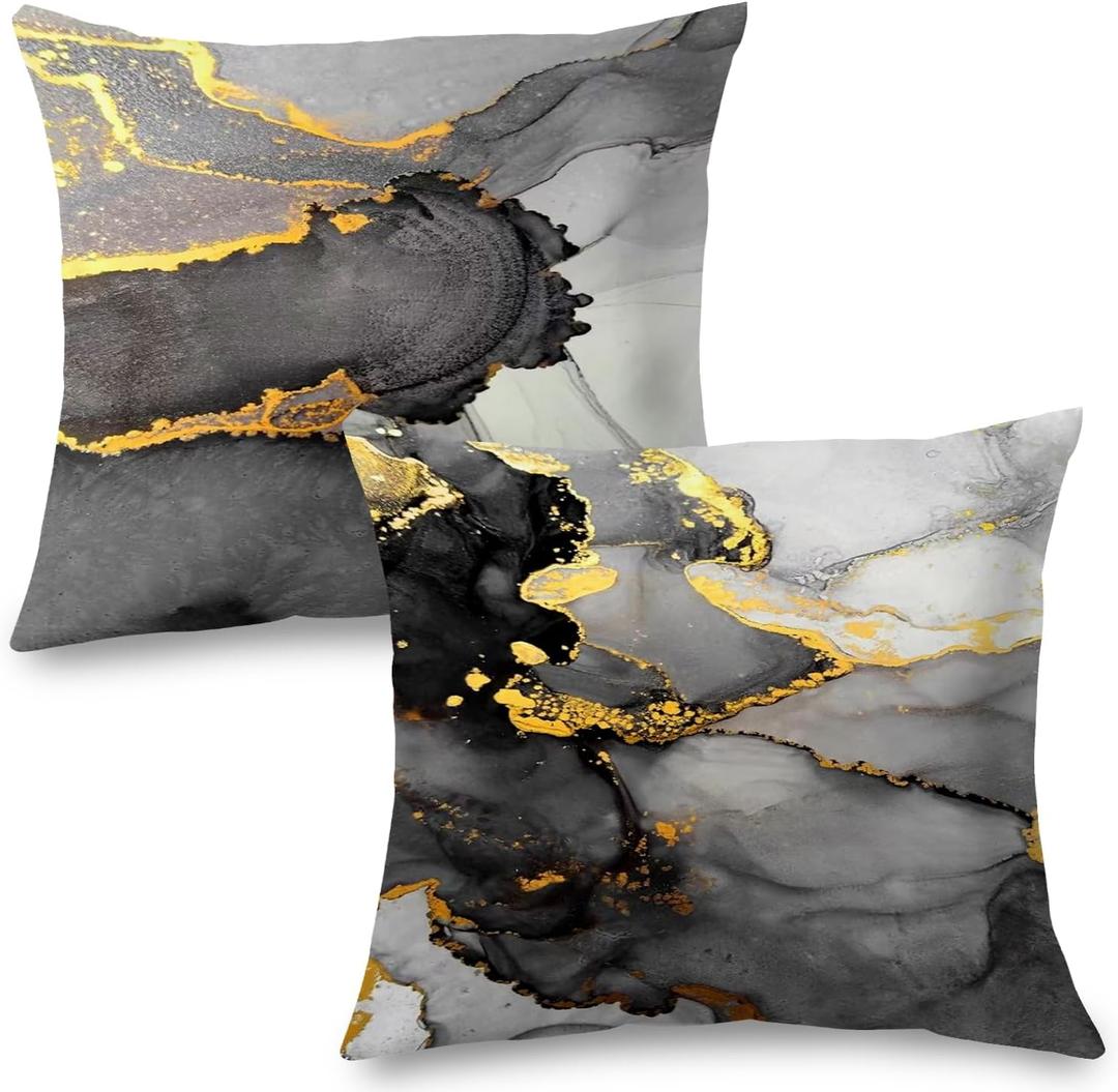 Black Grey and Gold Marble Pillow Covers 18x18 Double-Sided, Abstract Modern Decorative Throw Pillow Covers for Living Room Bedroom, Modern Home Decor, Black and Gold Decor, Set of 2