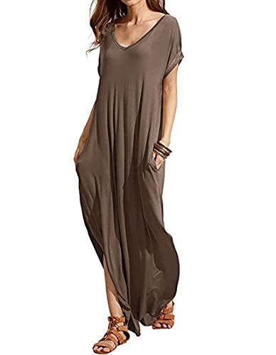 Match Women's V-Neck Casual Loose Short Sleeve Long T-Shirt Dress Split Maxi Dress with Side Pocket (152 Khaki, XL)