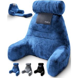 malu Extra Large Reading Pillow- Ergonomic Pillow- Back Pillow for Bed+ Rolling Mat for Neck Support- with Shredded Memory Foam- for Sitting Up in Bed, Couch or Floor, Blue 