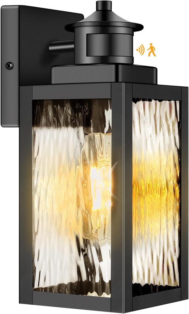 Brightever Motion Sensor Outdoor Lights Fixture, Dusk to Dawn Exterior Porch Light Wall Mount with Water-Rippled Glass, Black Modern Outside Wall Sconce Lanterns for House, Garage, Bulbs Not Included (11.6 Inch)