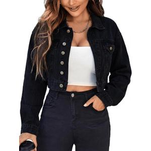 EMMIOL Cropped Denim Jacket for Women Vintage, Oversized Jean Jacket Distressed Dark Wash, Baggy Short Coat (Medium, Black)