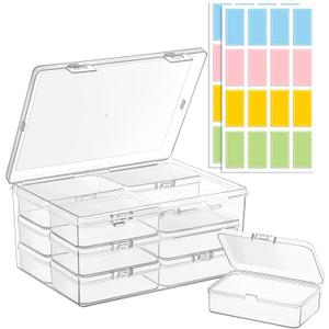 Medium Plastic Organizer Boxes, 12 Clear Containers with Hinged Lids, for Beads, Jewelry, Crafts, Electronics, Hardware, School Supplies (32 Labels)