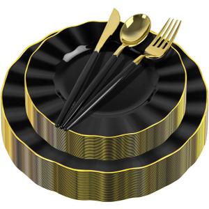 150Pcs Plastic Plates with Gold Rim,Heavy Duty Black Plates for 30 Guests,Plastic Dinnerware Set Include 30 Dinner Plate,30 Dessert Plate,90 Gold Cutlery Set for Party (Black)