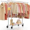 Heavy Duty Clothes Rack - Load 620 LBS, Rolling Clothing Rack for Hanging Clothes with Lockable Wheels & Shelves, Extendable Double Rod Garment Rack for Bedroom, Laundry, Living Room, Silver