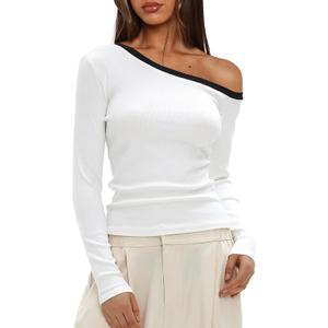 Darong Women Off The Shoulder Top Long Sleeve Shirts Tight Fitted Going Out Tops Tee Y2k Outfits (X-Small, White)